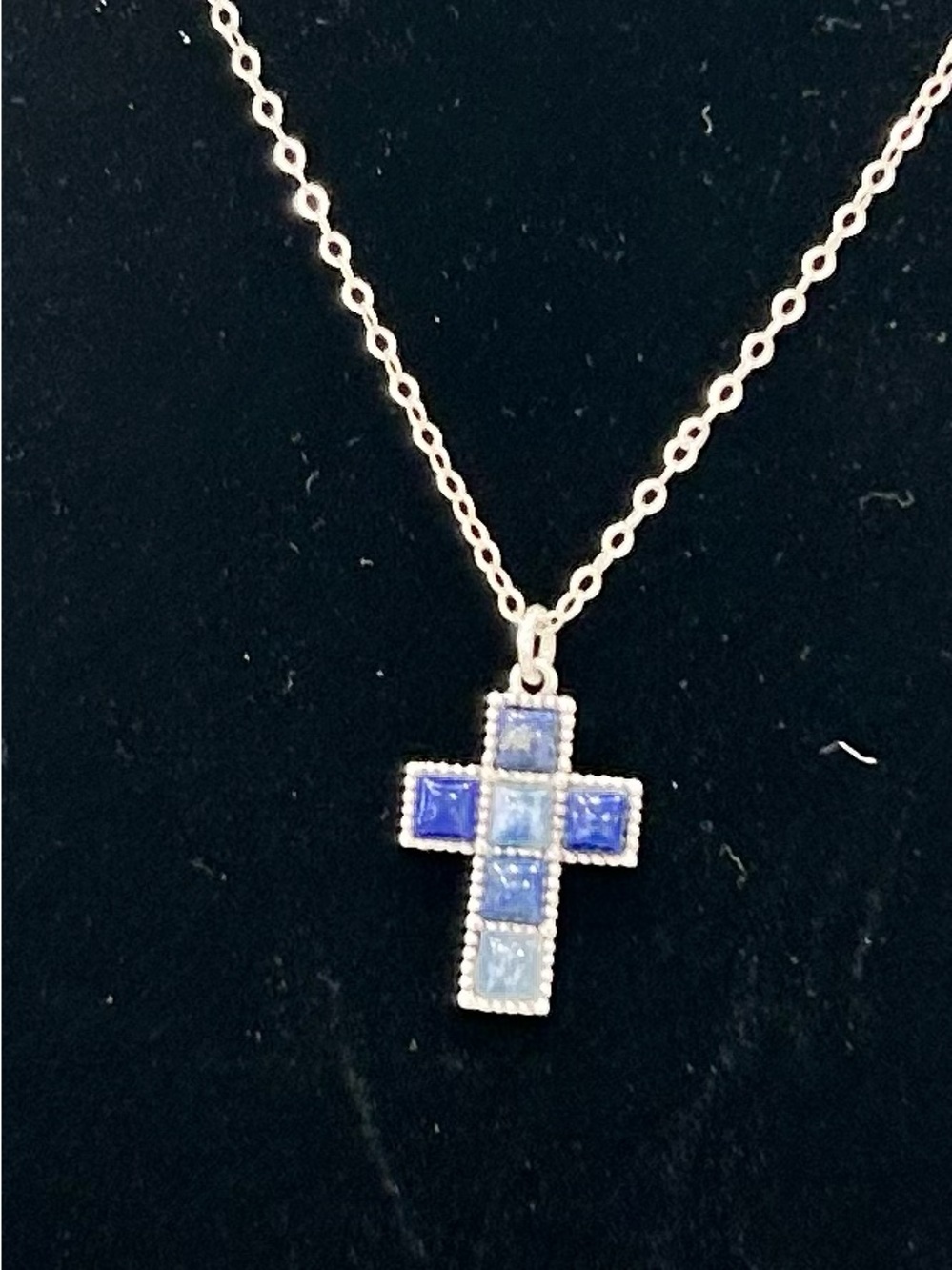 Sterling Silver Cross Pendant Necklace with Lapis Stones